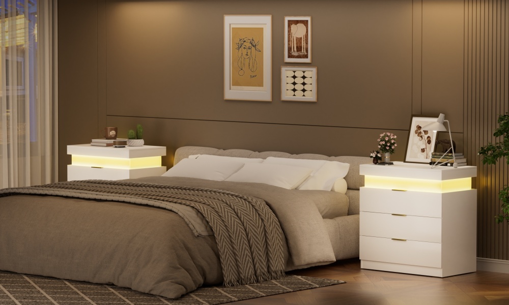 Nightstand with Charging Station and LED Lights,Night Stand with Sliding Top for Bedroom,Bedside Table with Drawers,Modern End Side Table,White.28.8''W x 17''D x 30.5''H.