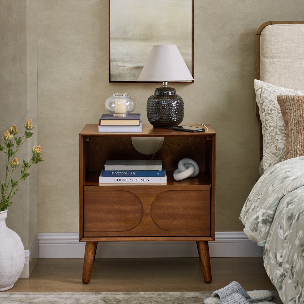 Mid Century Modern Fluted Nightstand with Charging Station USB Ports & Outlet Hole & 4 Solid Wood Legs, Farmhouse End Table with Open Space and Drawer Dresser, Walnut?