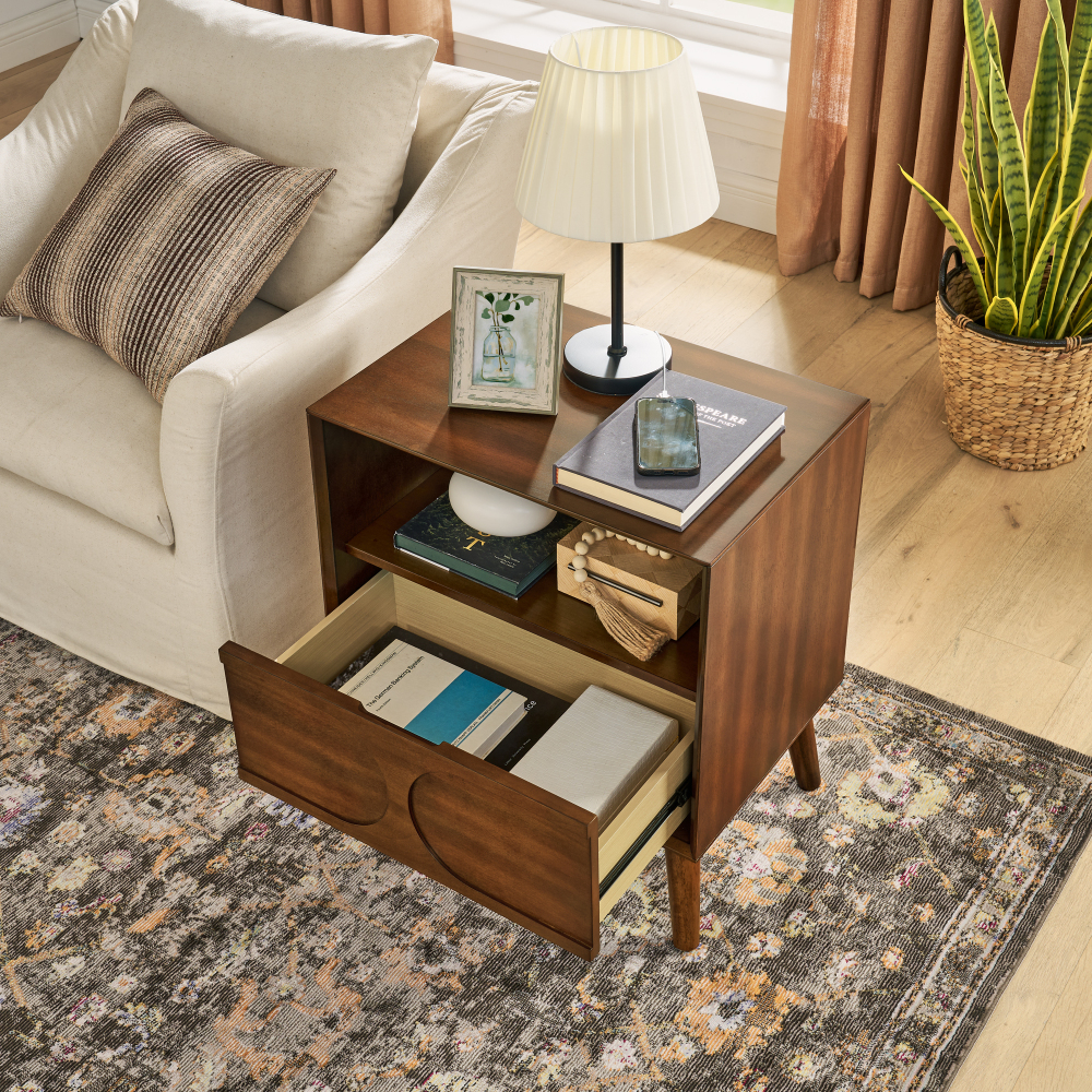 Mid Century Modern Fluted Nightstand with Charging Station USB Ports & Outlet Hole & 4 Solid Wood Legs, Farmhouse End Table with Open Space and Drawer Dresser, Walnut?