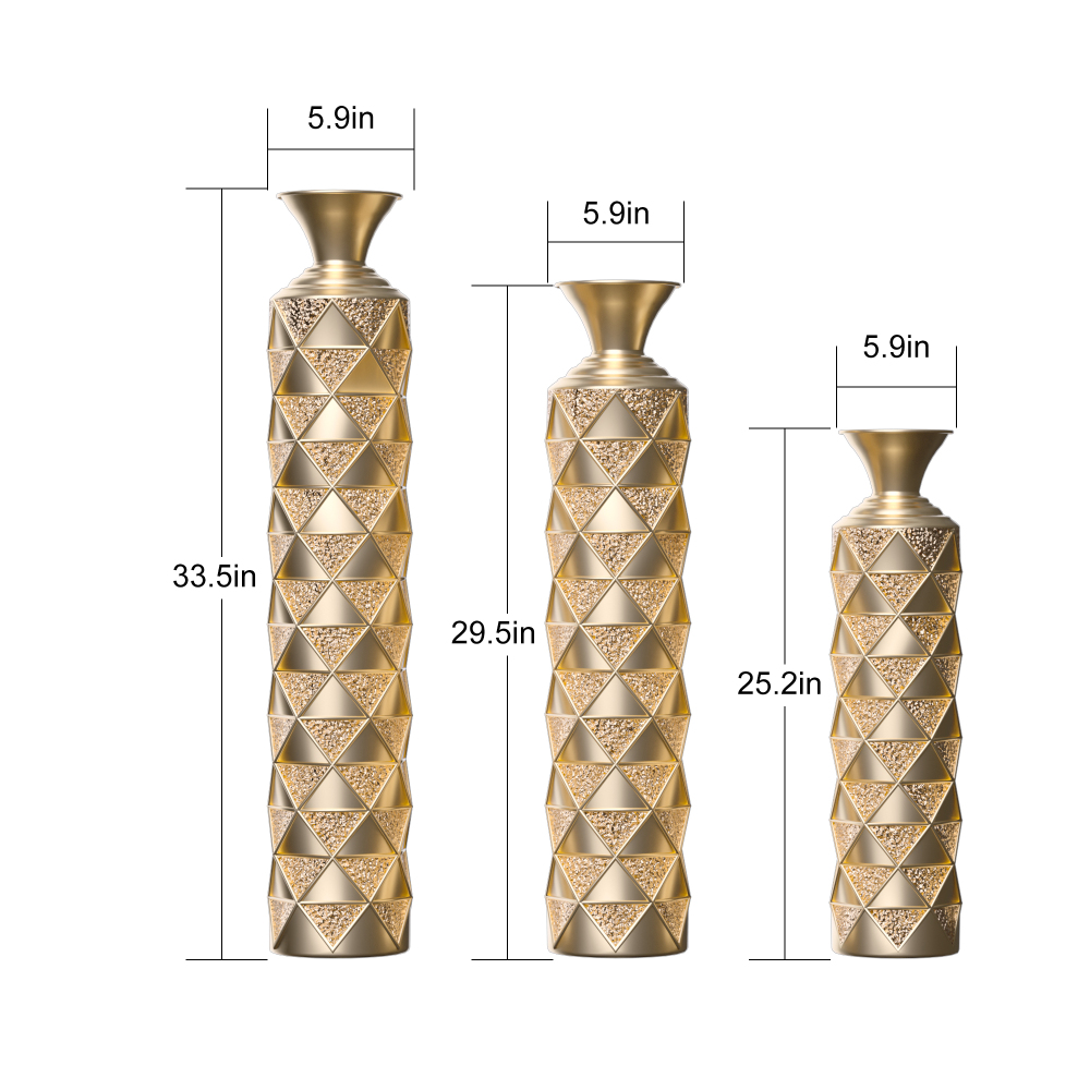 Semi-Handmade Metal Floor Vase Set of 3, Gold-Plated Geometric Diamond Pattern Vases, 33.5/29.5/25.2 Inch Large Decorative Vases for Living Room, Entryway, Office Decor (4.72in Top, 5.91in Base)聽
