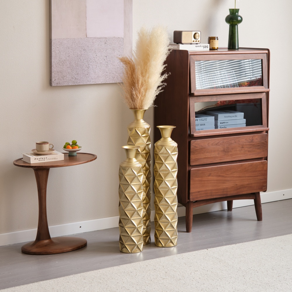 Semi-Handmade Metal Floor Vase Set of 3, Gold-Plated Geometric Diamond Pattern Vases, 33.5/29.5/25.2 Inch Large Decorative Vases for Living Room, Entryway, Office Decor (4.72in Top, 5.91in Base)聽