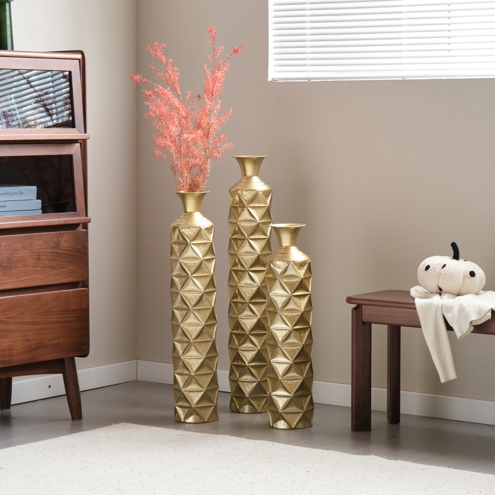 Semi-Handmade Metal Floor Vase Set of 3, Gold-Plated Geometric Diamond Pattern Vases, 33.5/29.5/25.2 Inch Large Decorative Vases for Living Room, Entryway, Office Decor (4.72in Top, 5.91in Base)聽