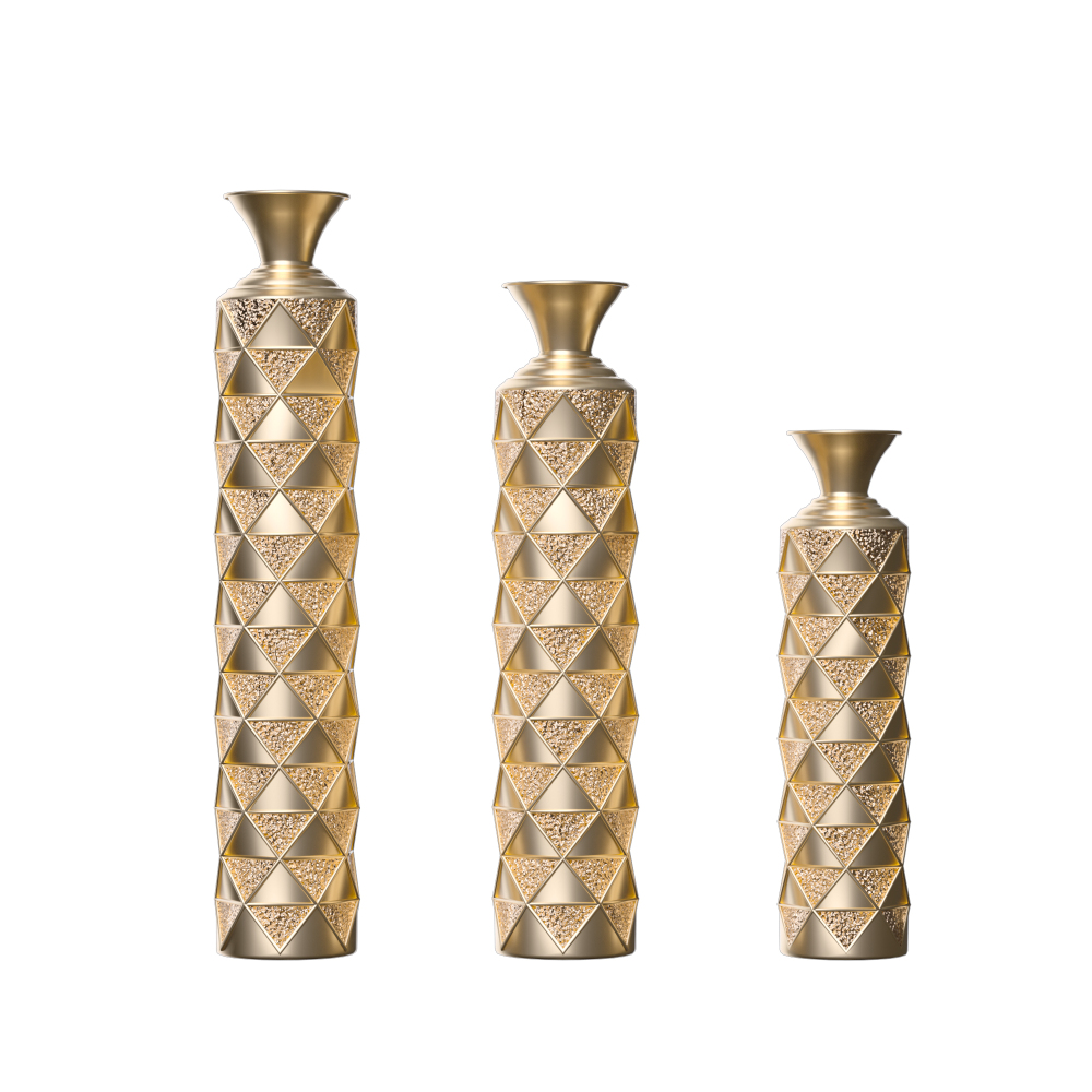 Semi-Handmade Metal Floor Vase Set of 3, Gold-Plated Geometric Diamond Pattern Vases, 33.5/29.5/25.2 Inch Large Decorative Vases for Living Room, Entryway, Office Decor (4.72in Top, 5.91in Base)聽