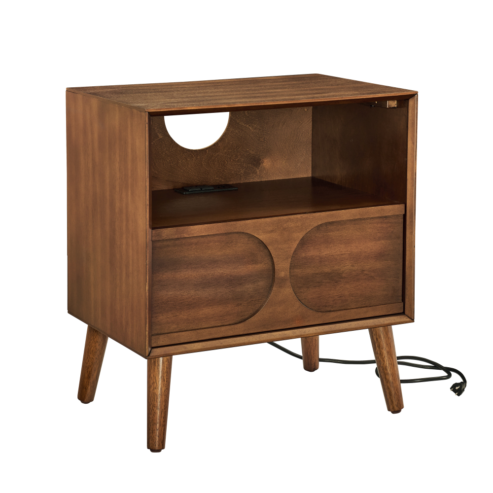 Mid Century Modern Fluted Nightstand with Charging Station USB Ports & Outlet Hole & 4 Solid Wood Legs, Farmhouse End Table with Open Space and Drawer Dresser, Walnut?