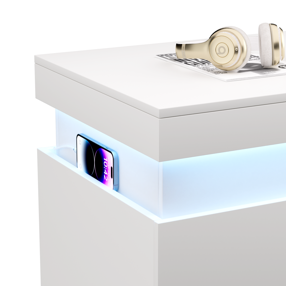 Nightstand with Charging Station and LED Lights,Night Stand with Sliding Top for Bedroom,Bedside Table with Drawers,Modern End Side Table,White.28.8''W x 17''D x 30.5''H.