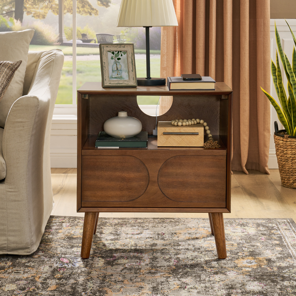 Mid Century Modern Fluted Nightstand with Charging Station USB Ports & Outlet Hole & 4 Solid Wood Legs, Farmhouse End Table with Open Space and Drawer Dresser, Walnut?