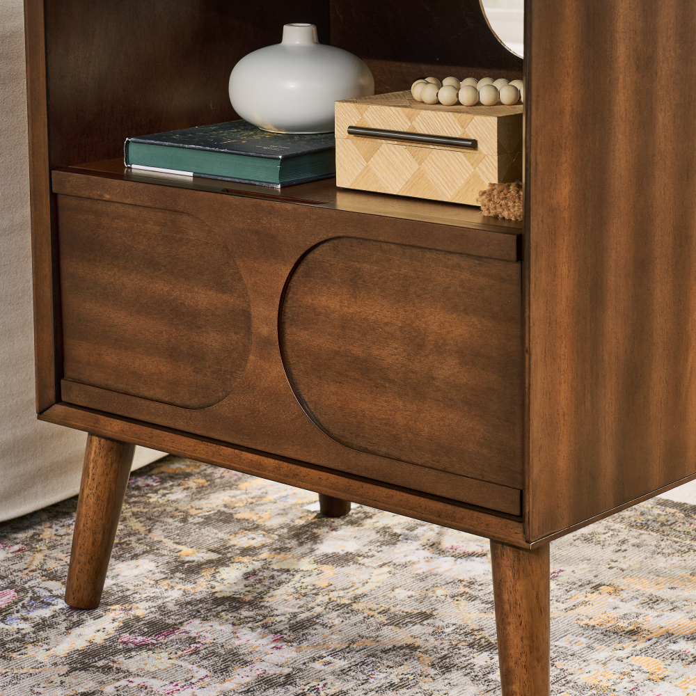 Mid Century Modern Fluted Nightstand with Charging Station USB Ports & Outlet Hole & 4 Solid Wood Legs, Farmhouse End Table with Open Space and Drawer Dresser, Walnut?