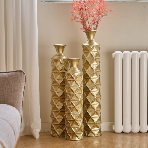 Semi-Handmade Metal Floor Vase Set of 3, Gold-Plated Geometric Diamond Pattern Vases, 33.5/29.5/25.2 Inch Large Decorative Vases for Living Room, Entryway, Office Decor (4.72in Top, 5.91in Base)聽