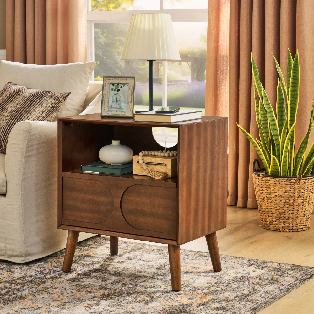 Mid Century Modern Fluted Nightstand with Charging Station USB Ports & Outlet Hole & 4 Solid Wood Legs, Farmhouse End Table with Open Space and Drawer Dresser, Walnut?