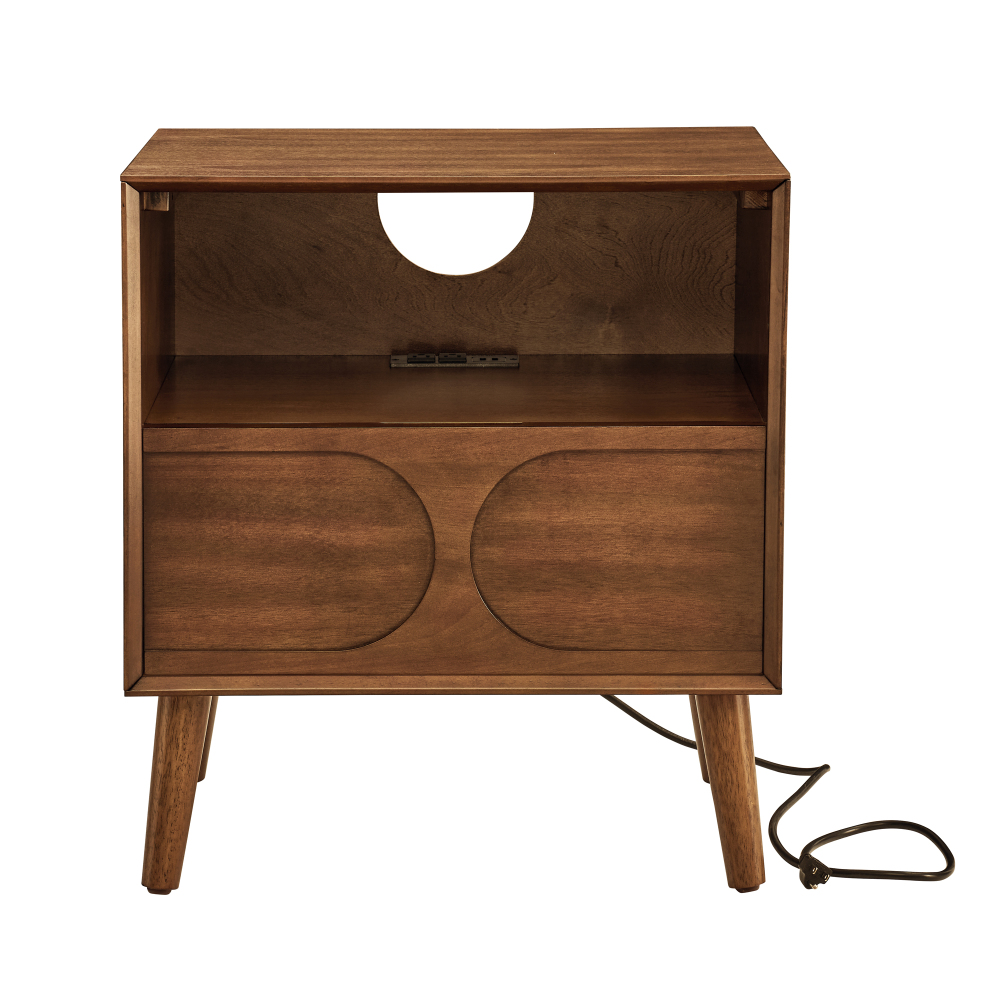Mid Century Modern Fluted Nightstand with Charging Station USB Ports & Outlet Hole & 4 Solid Wood Legs, Farmhouse End Table with Open Space and Drawer Dresser, Walnut?