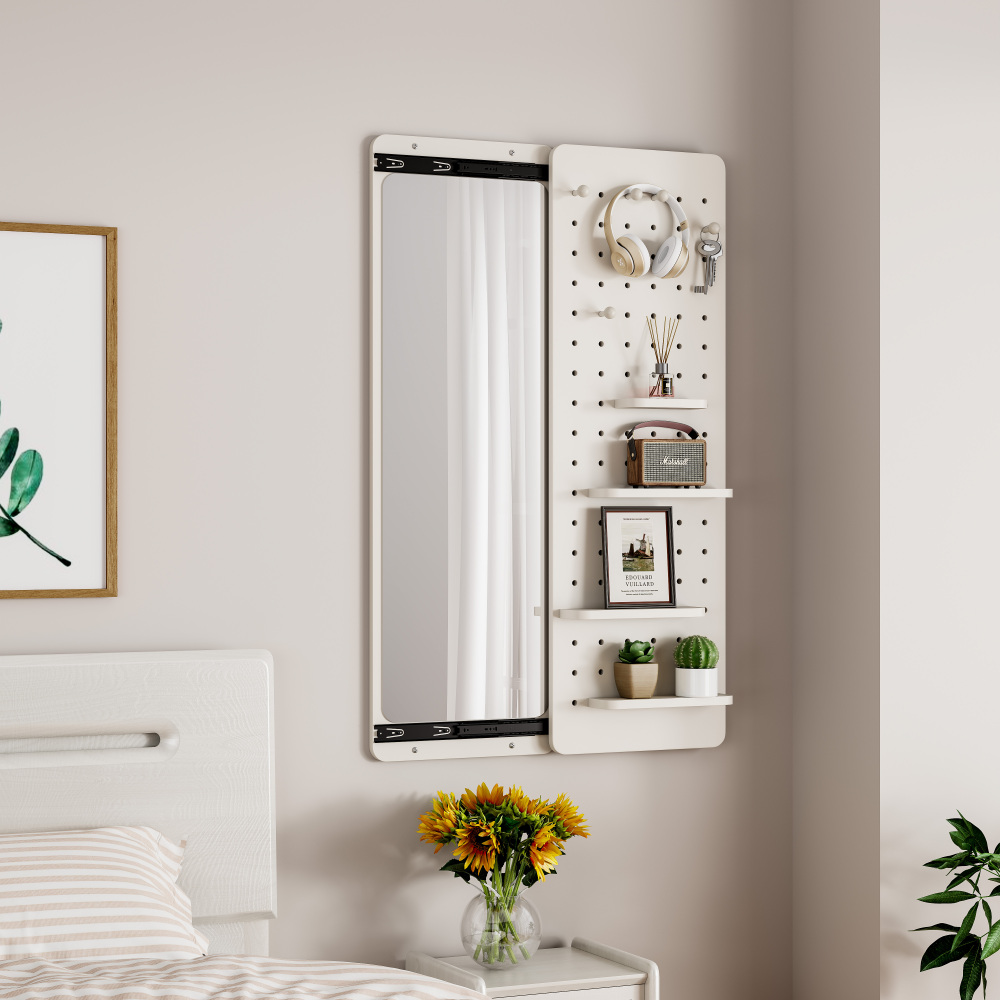 Wall Mounted Full Length Mirror, Full Body Mirror with Shelf, Full Body Mirror with Hook Wall Mounted Mirror with Multifunctional Design Panel, Bedroom/Living Room/Entrance