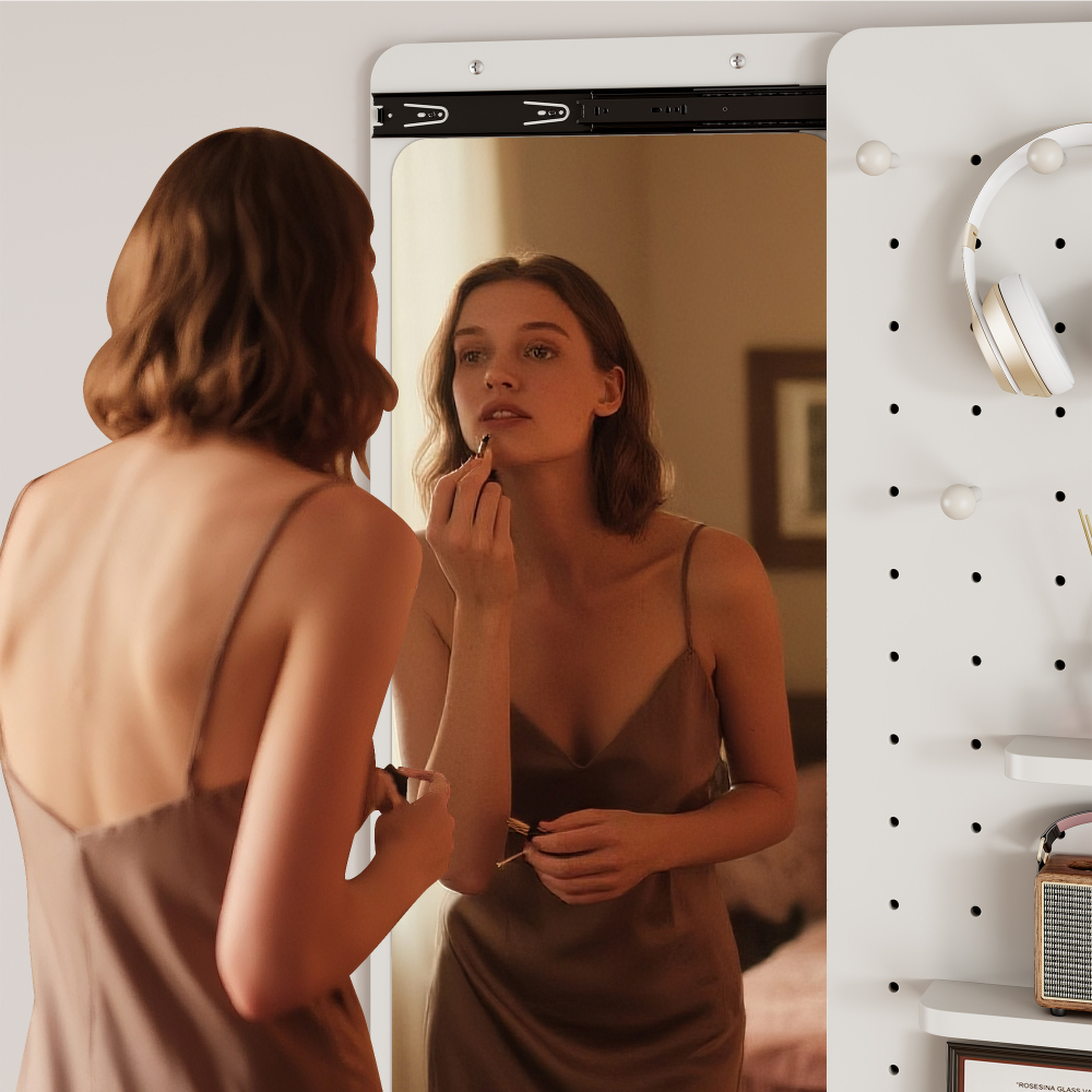 Wall Mounted Full Length Mirror, Full Body Mirror with Shelf, Full Body Mirror with Hook Wall Mounted Mirror with Multifunctional Design Panel, Bedroom/Living Room/Entrance
