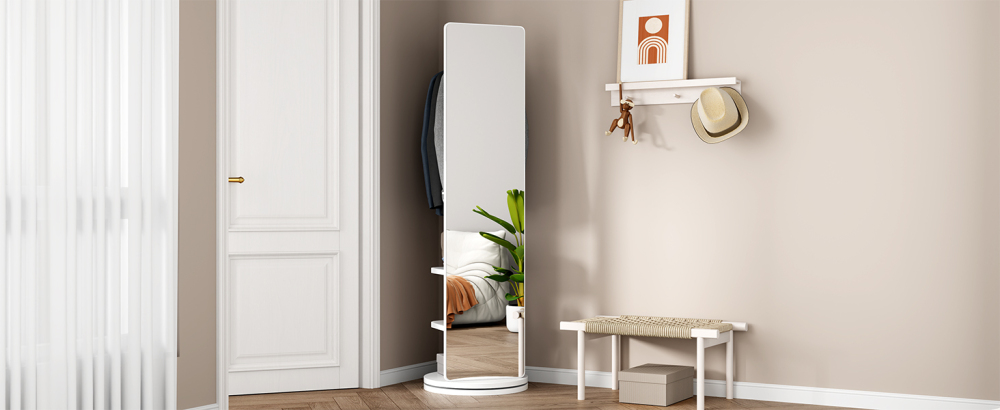 360° Rotating 66"x14" Multifunctional Full Length Mirror with Hook Storage Rack Coat Rack with Mirror Solid Wood Floor Mirror Bedroom Living Room Cloakroom Space Saving