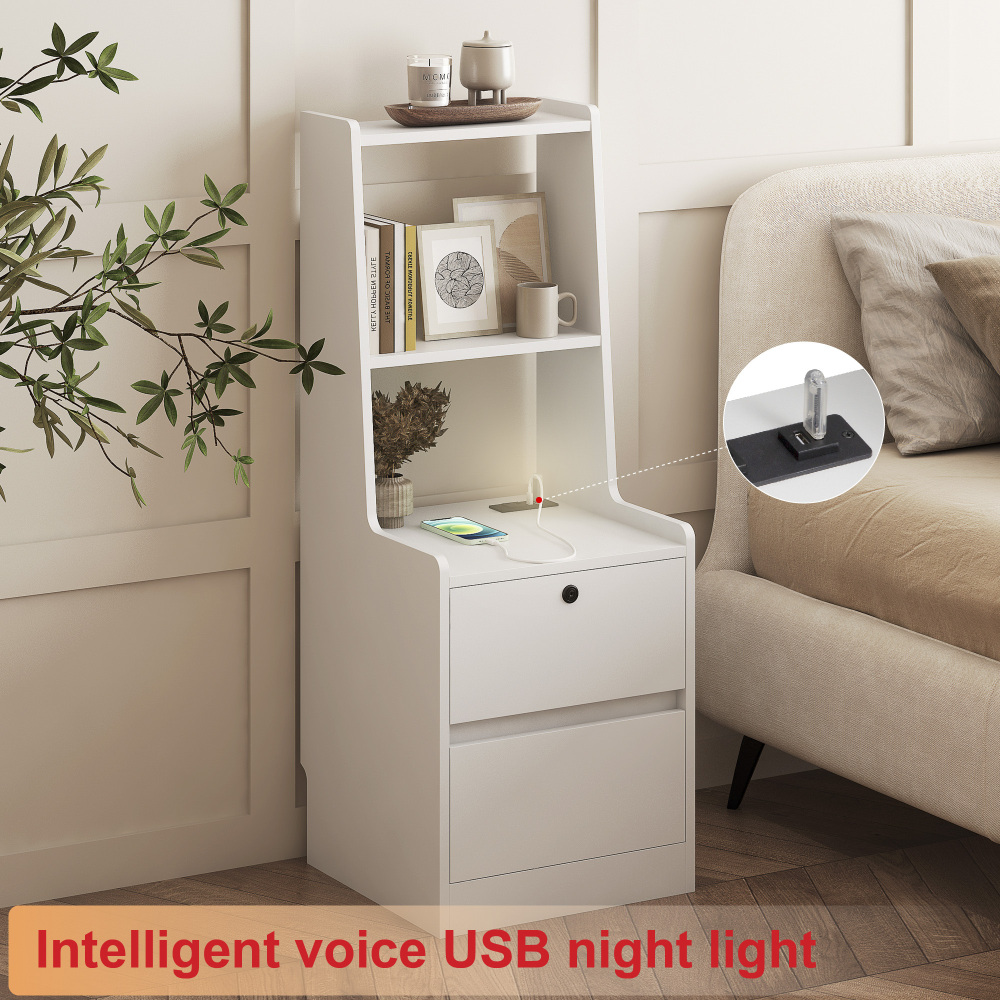 Nightstand with Charging Station, Smart Nightstand with Night Light, Modern Night Stand with Bookshelf, Bedside Tables with Storage Cabinet for Bedroom, Wood