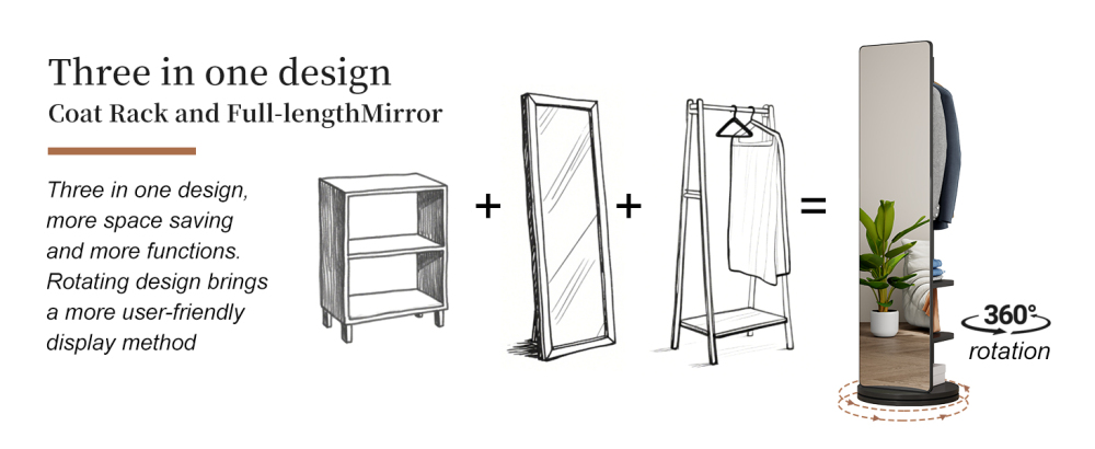 360° Rotating 66"x14" Multifunctional Full Length Mirror with Hook Storage Rack Coat Rack with Mirror Solid Wood Floor Mirror Bedroom Living Room Cloakroom Space Saving