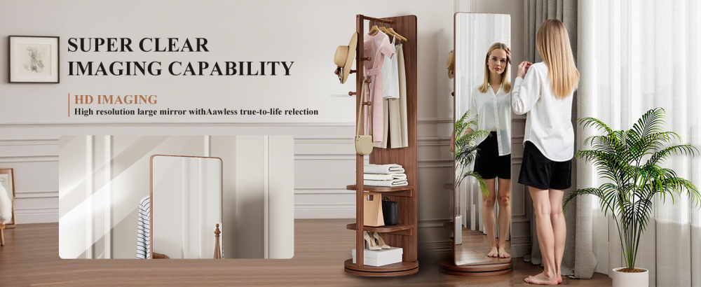 360° Rotating 66"x14" Multifunctional Full Length Mirror with Hook Storage Rack Coat Rack with Mirror Solid Wood Floor Mirror Bedroom Living Room Cloakroom Space Saving