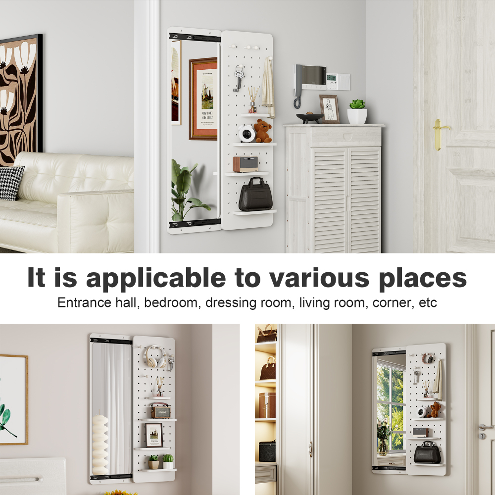 Wall Mounted Full Length Mirror, Full Body Mirror with Shelf, Full Body Mirror with Hook Wall Mounted Mirror with Multifunctional Design Panel, Bedroom/Living Room/Entrance