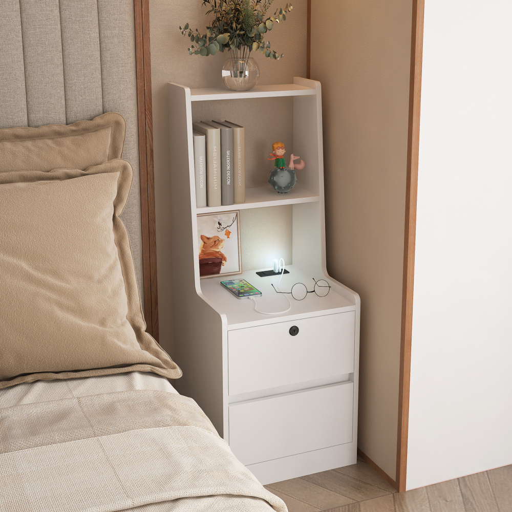 Nightstand with Charging Station, Smart Nightstand with Night Light, Modern Night Stand with Bookshelf, Bedside Tables with Storage Cabinet for Bedroom, Wood