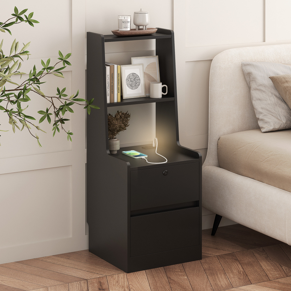 Nightstand with Charging Station, Smart Nightstand with Night Light, Modern Night Stand with Bookshelf, Bedside Tables with Storage Cabinet for Bedroom, Wood