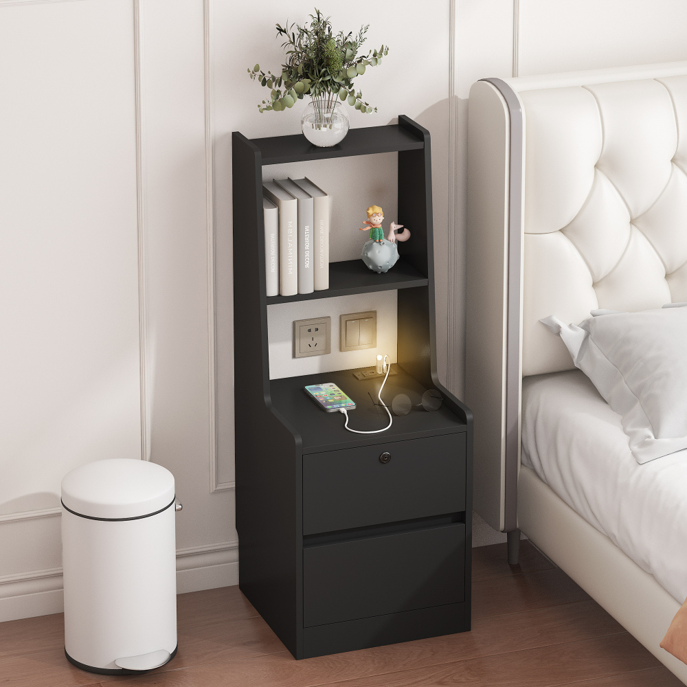 Nightstand with Charging Station, Smart Nightstand with Night Light, Modern Night Stand with Bookshelf, Bedside Tables with Storage Cabinet for Bedroom, Wood