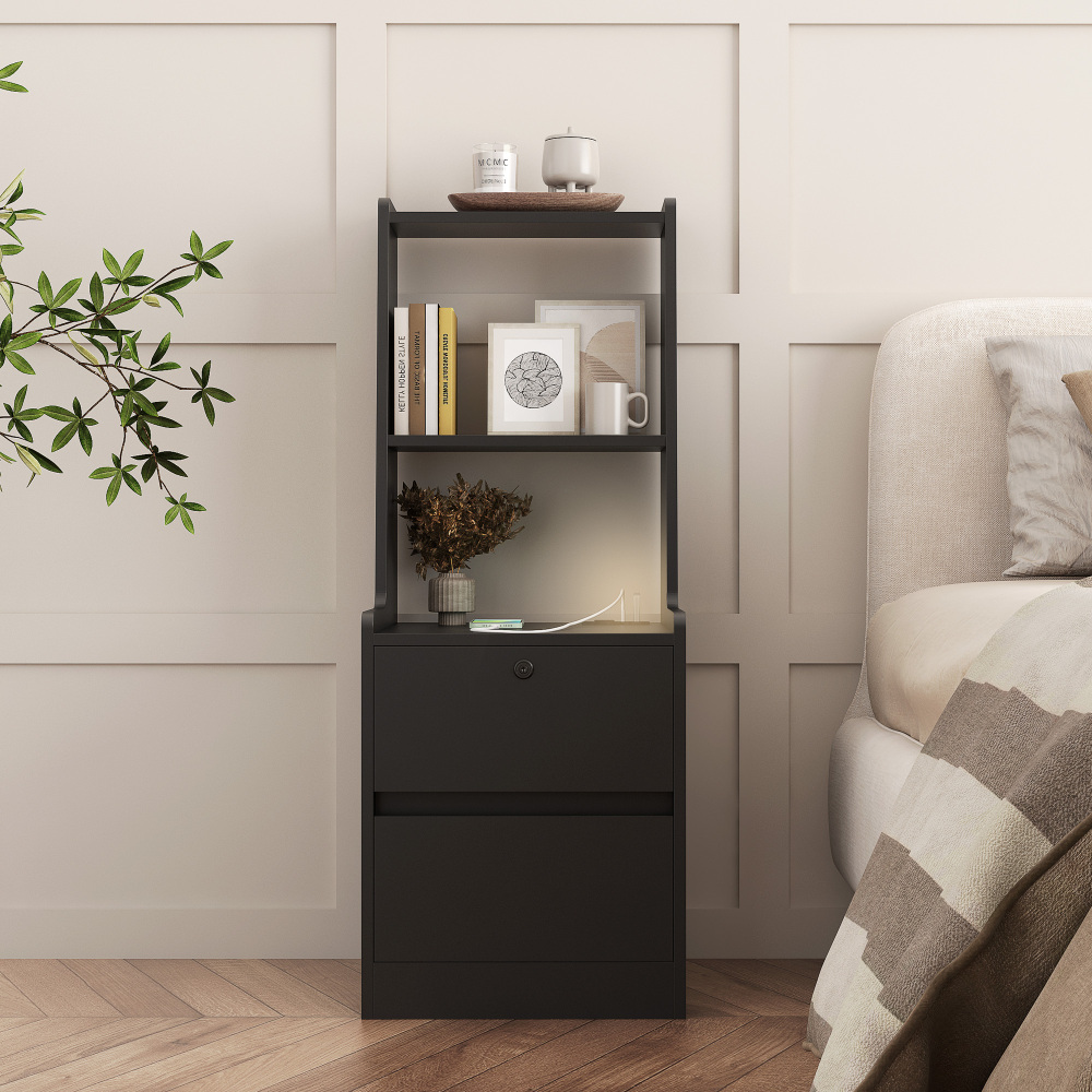 Nightstand with Charging Station, Smart Nightstand with Night Light, Modern Night Stand with Bookshelf, Bedside Tables with Storage Cabinet for Bedroom, Wood
