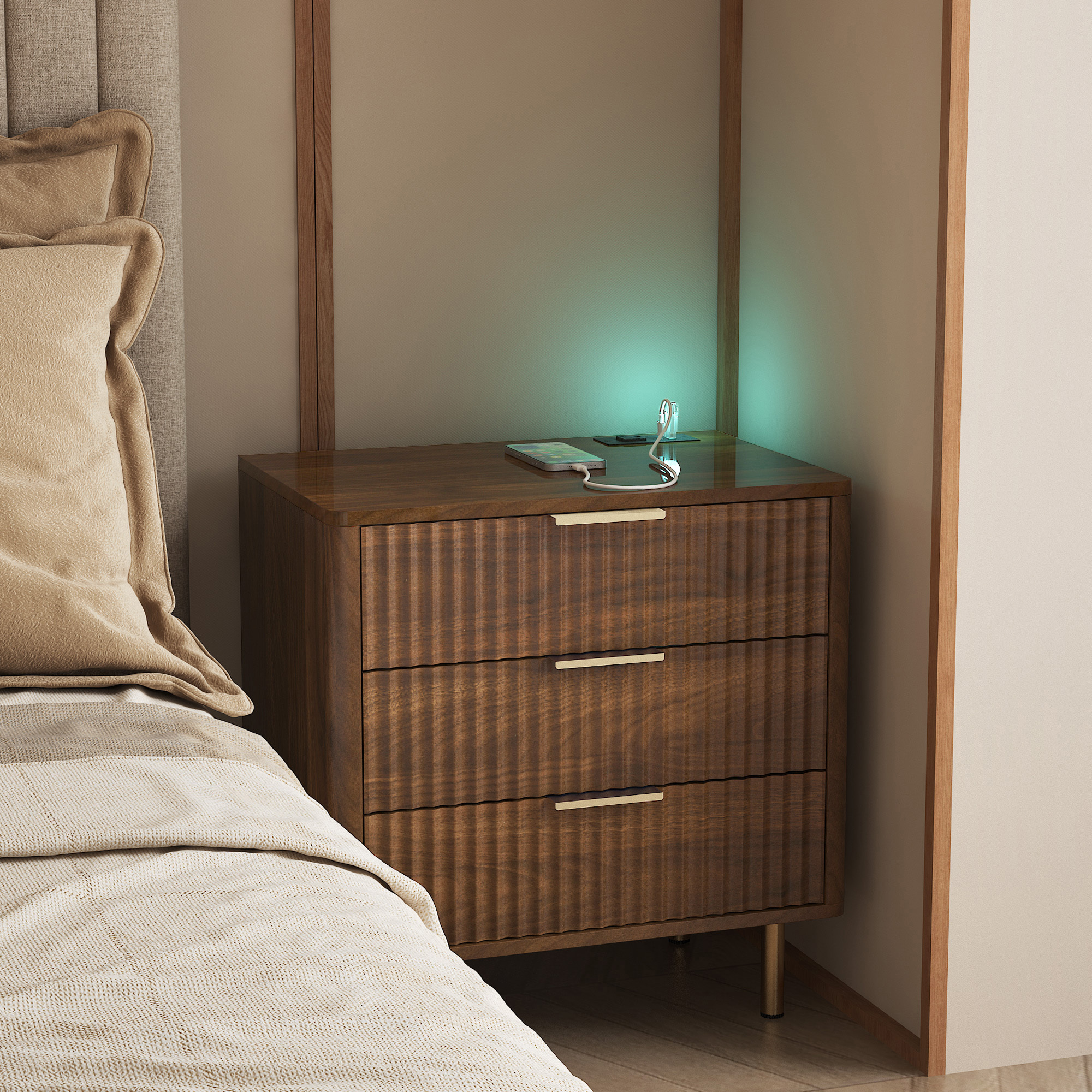 Nightstand with Charging Station, Smart Nightstand with Night Light, Modern Night Stand with Storage Cabinet for Bedroom, Wood