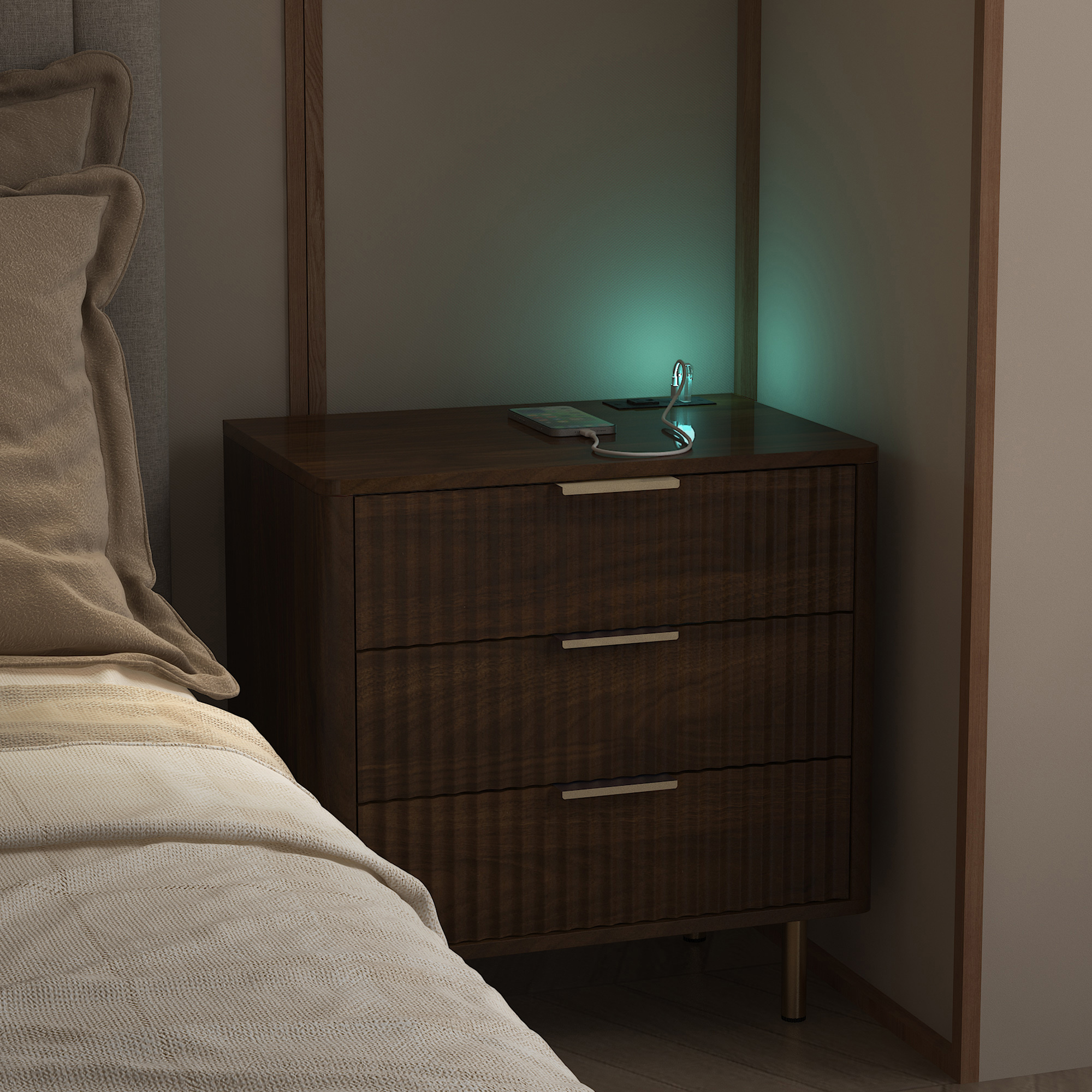 Nightstand with Charging Station, Smart Nightstand with Night Light, Modern Night Stand with Storage Cabinet for Bedroom, Wood