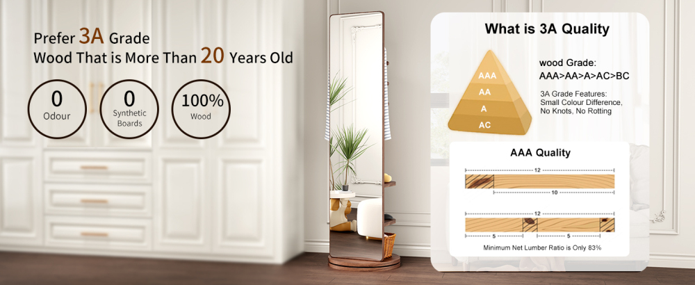 360° Rotating 66"x14" Multifunctional Full Length Mirror with Hook Storage Rack Coat Rack with Mirror Solid Wood Floor Mirror Bedroom Living Room Cloakroom Space Saving