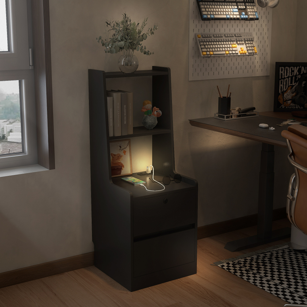 Nightstand with Charging Station, Smart Nightstand with Night Light, Modern Night Stand with Bookshelf, Bedside Tables with Storage Cabinet for Bedroom, Wood