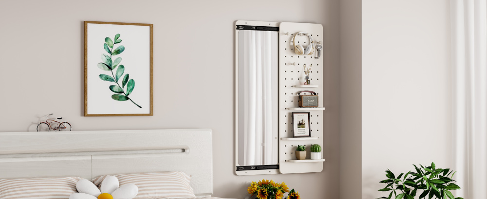Wall Mounted Full Length Mirror, Full Body Mirror with Shelf, Full Body Mirror with Hook Wall Mounted Mirror with Multifunctional Design Panel, Bedroom/Living Room/Entrance