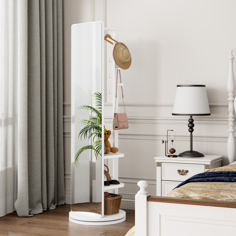 360° Rotating 66"x14" Multifunctional Full Length Mirror with Hook Storage Rack Coat Rack with Mirror Solid Wood Floor Mirror Bedroom Living Room Cloakroom Space Saving