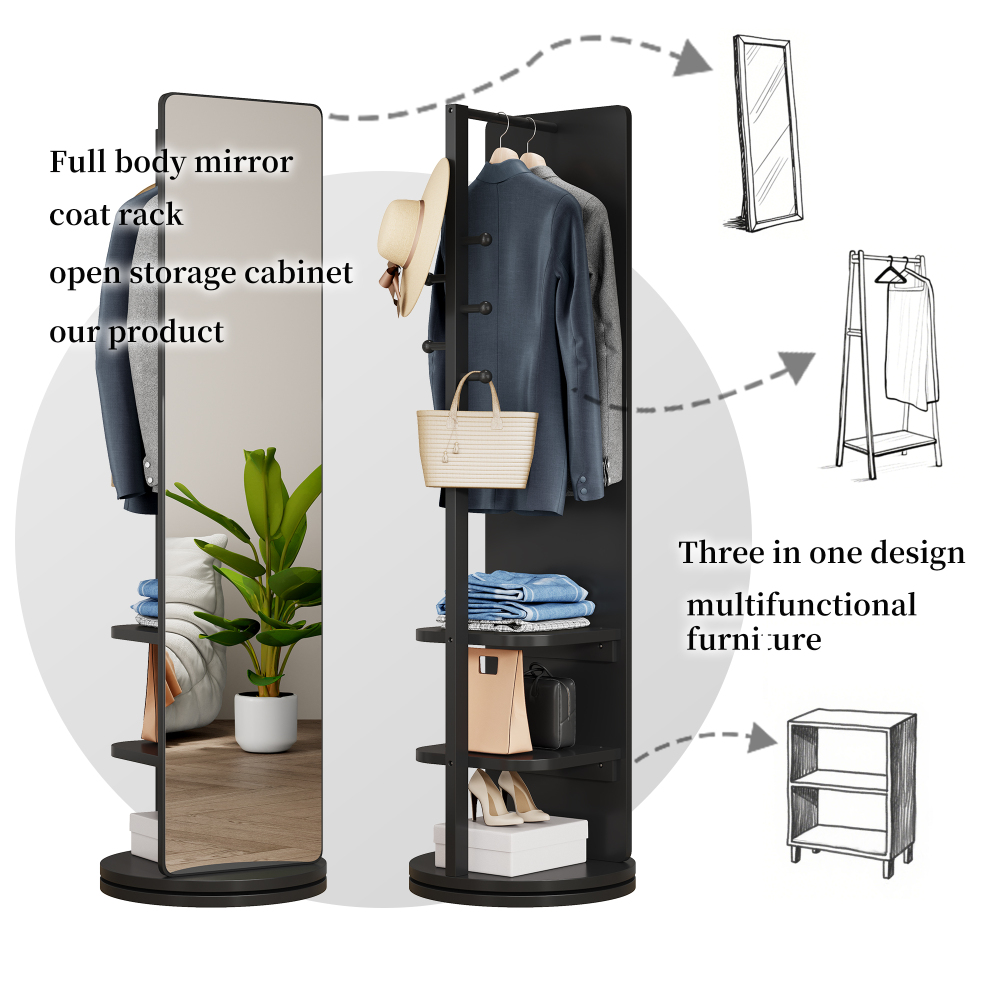 360° Rotating 66"x14" Multifunctional Full Length Mirror with Hook Storage Rack Coat Rack with Mirror Solid Wood Floor Mirror Bedroom Living Room Cloakroom Space Saving