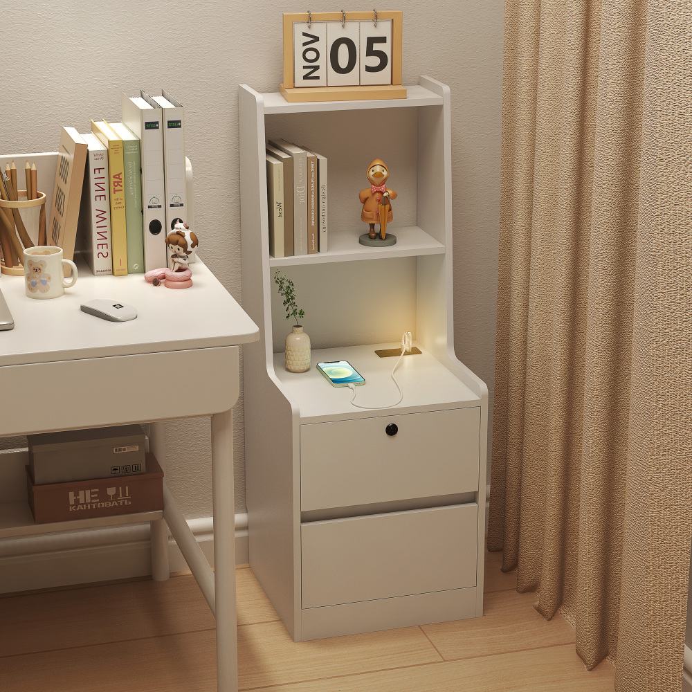 Nightstand with Charging Station, Smart Nightstand with Night Light, Modern Night Stand with Bookshelf, Bedside Tables with Storage Cabinet for Bedroom, Wood