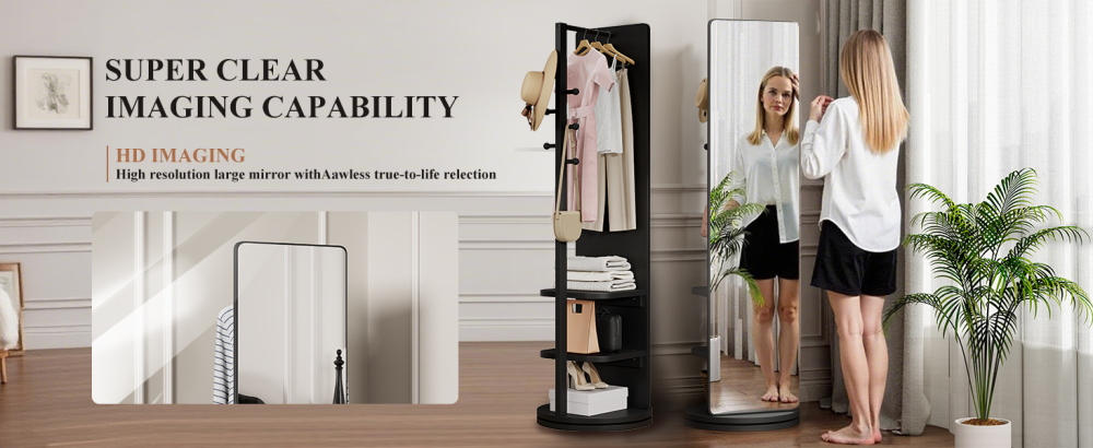 360° Rotating 66"x14" Multifunctional Full Length Mirror with Hook Storage Rack Coat Rack with Mirror Solid Wood Floor Mirror Bedroom Living Room Cloakroom Space Saving