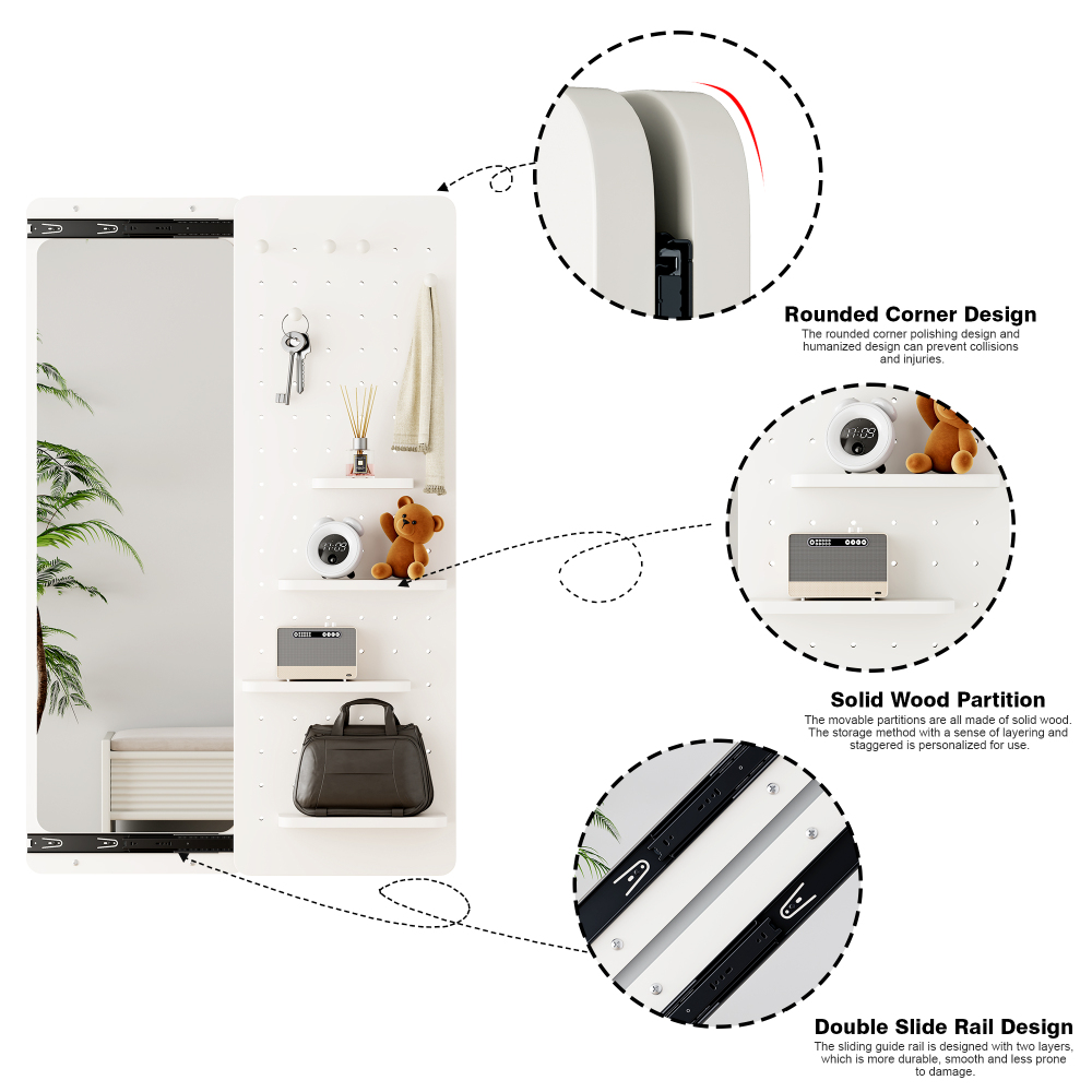 Wall Mounted Full Length Mirror, Full Body Mirror with Shelf, Full Body Mirror with Hook Wall Mounted Mirror with Multifunctional Design Panel, Bedroom/Living Room/Entrance