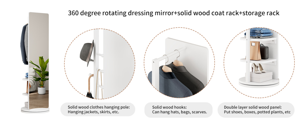 360° Rotating 66"x14" Multifunctional Full Length Mirror with Hook Storage Rack Coat Rack with Mirror Solid Wood Floor Mirror Bedroom Living Room Cloakroom Space Saving