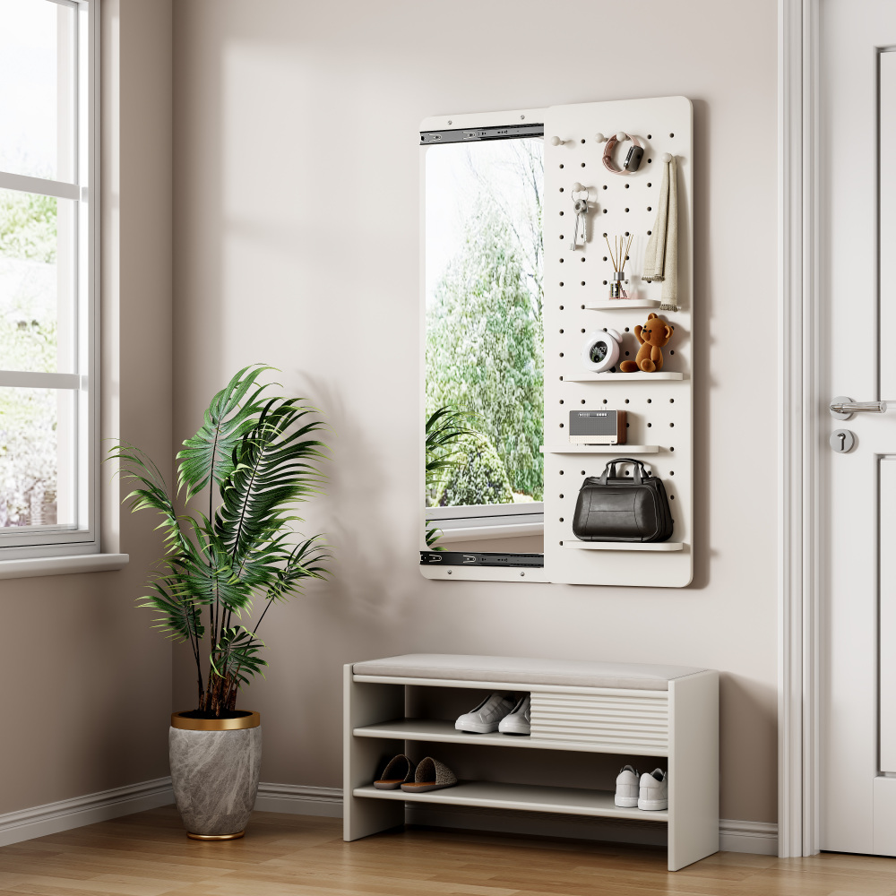 Wall Mounted Full Length Mirror, Full Body Mirror with Shelf, Full Body Mirror with Hook Wall Mounted Mirror with Multifunctional Design Panel, Bedroom/Living Room/Entrance