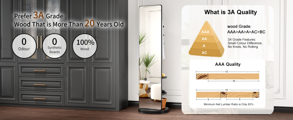 360° Rotating 66"x14" Multifunctional Full Length Mirror with Hook Storage Rack Coat Rack with Mirror Solid Wood Floor Mirror Bedroom Living Room Cloakroom Space Saving