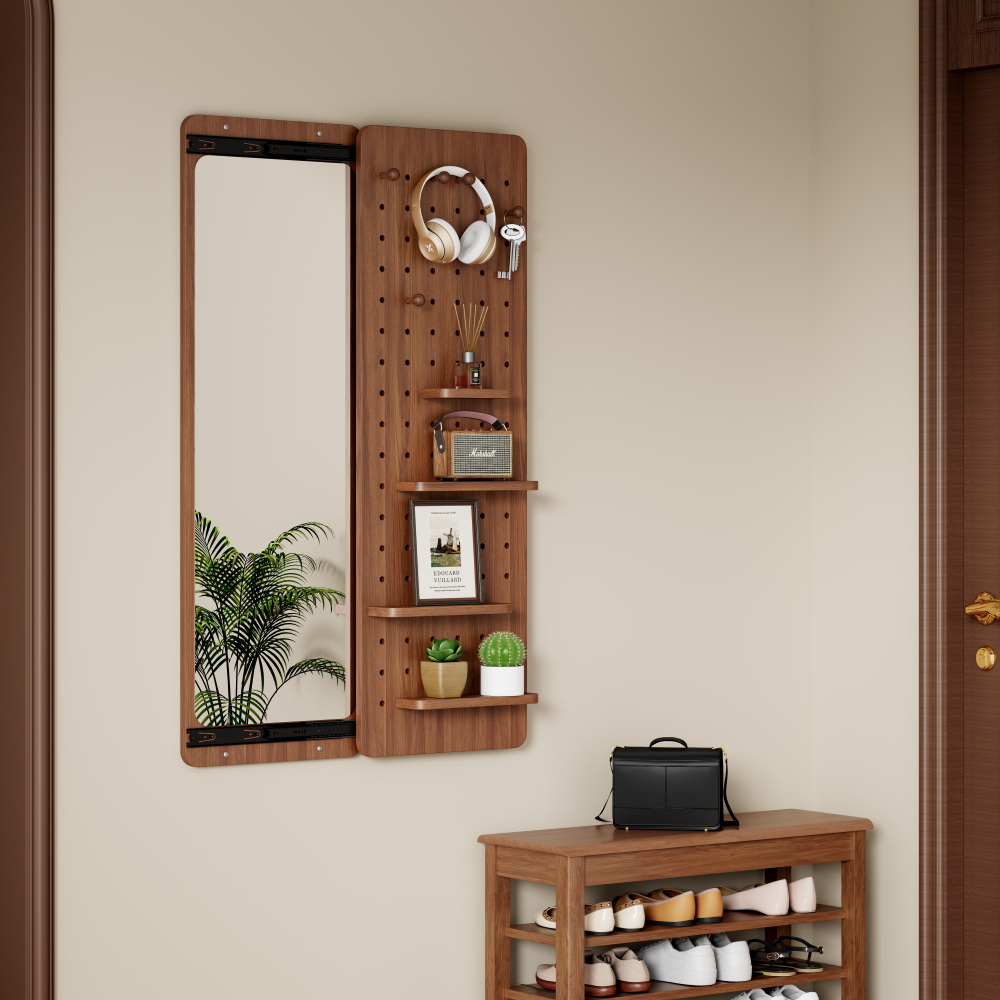 Wall Mounted Full Length Mirror, Full Body Mirror with Shelf, Full Body Mirror with Hook Wall Mounted Mirror with Multifunctional Design Panel, Bedroom/Living Room/Entrance