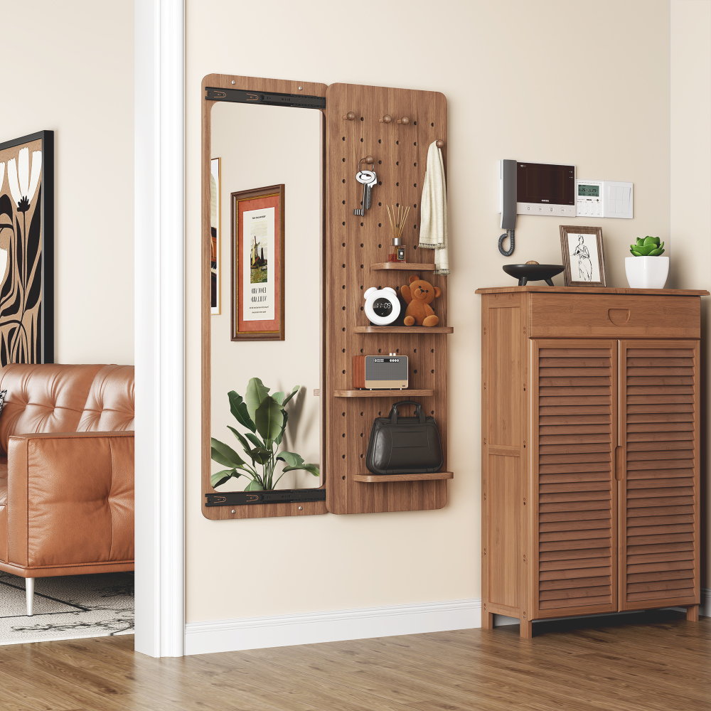 Wall Mounted Full Length Mirror, Full Body Mirror with Shelf, Full Body Mirror with Hook Wall Mounted Mirror with Multifunctional Design Panel, Bedroom/Living Room/Entrance