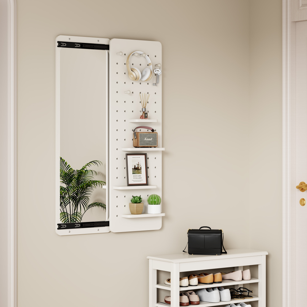 Wall Mounted Full Length Mirror, Full Body Mirror with Shelf, Full Body Mirror with Hook Wall Mounted Mirror with Multifunctional Design Panel, Bedroom/Living Room/Entrance