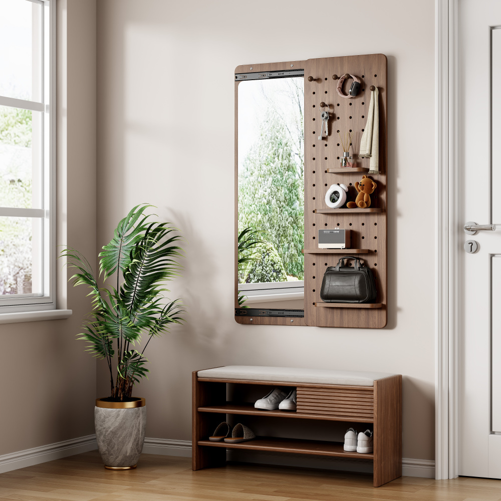 Wall Mounted Full Length Mirror, Full Body Mirror with Shelf, Full Body Mirror with Hook Wall Mounted Mirror with Multifunctional Design Panel, Bedroom/Living Room/Entrance