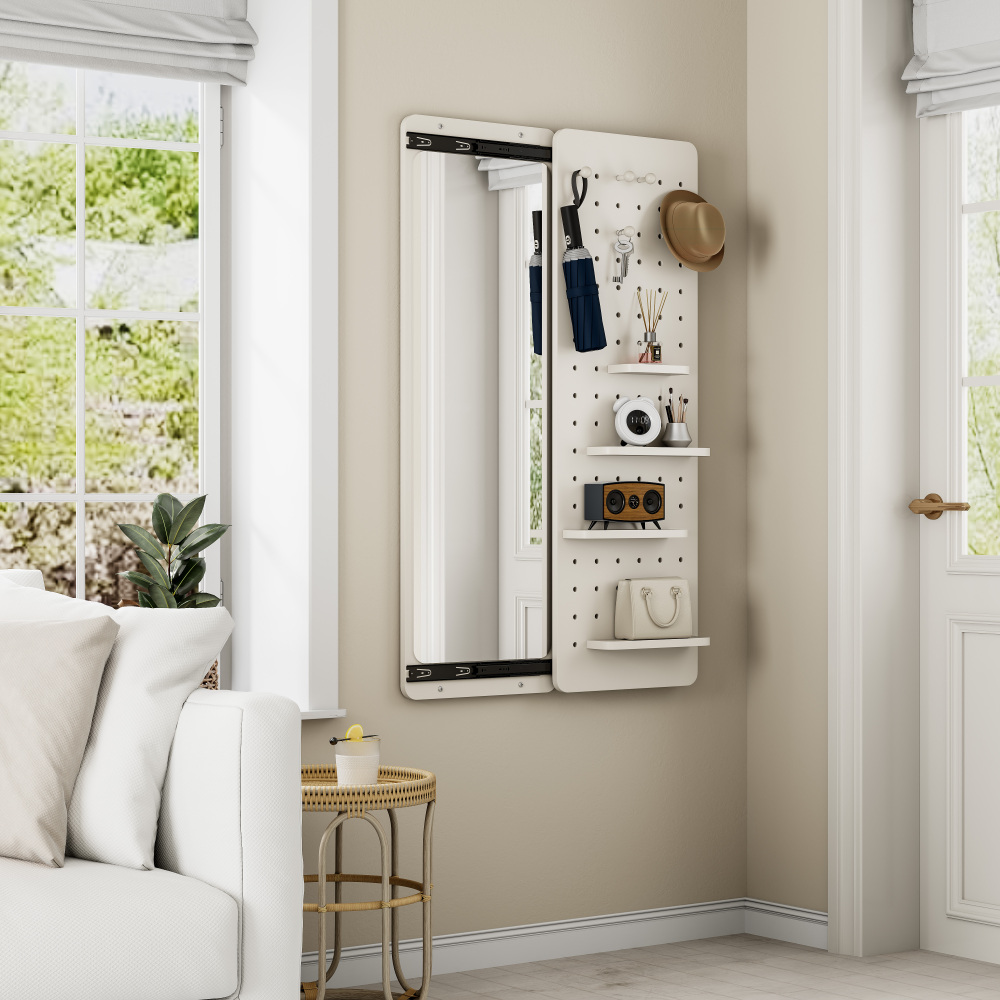 Wall Mounted Full Length Mirror, Full Body Mirror with Shelf, Full Body Mirror with Hook Wall Mounted Mirror with Multifunctional Design Panel, Bedroom/Living Room/Entrance