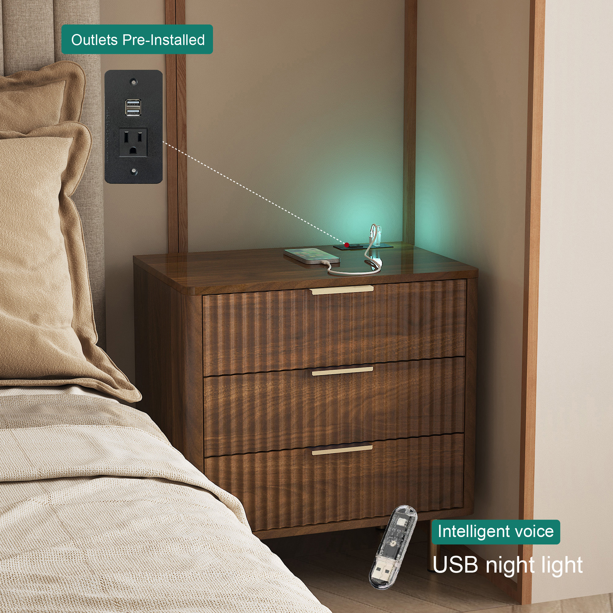 Nightstand with Charging Station, Smart Nightstand with Night Light, Modern Night Stand with Storage Cabinet for Bedroom, Wood