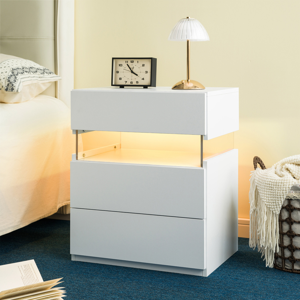 LED Nightstands 3 Drawer Dresser for Bedroom End Table with Acrylic Board LED Bedside Tables for Bedroom Living Room Bedside Furniture (White)