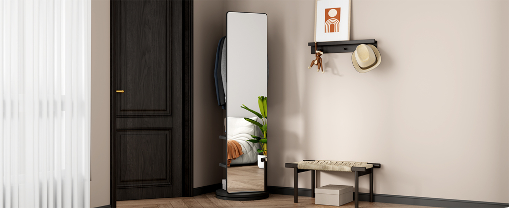 360° Rotating 66"x14" Multifunctional Full Length Mirror with Hook Storage Rack Coat Rack with Mirror Solid Wood Floor Mirror Bedroom Living Room Cloakroom Space Saving