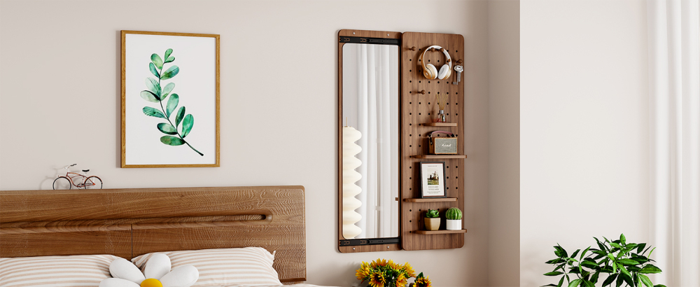 Wall Mounted Full Length Mirror, Full Body Mirror with Shelf, Full Body Mirror with Hook Wall Mounted Mirror with Multifunctional Design Panel, Bedroom/Living Room/Entrance