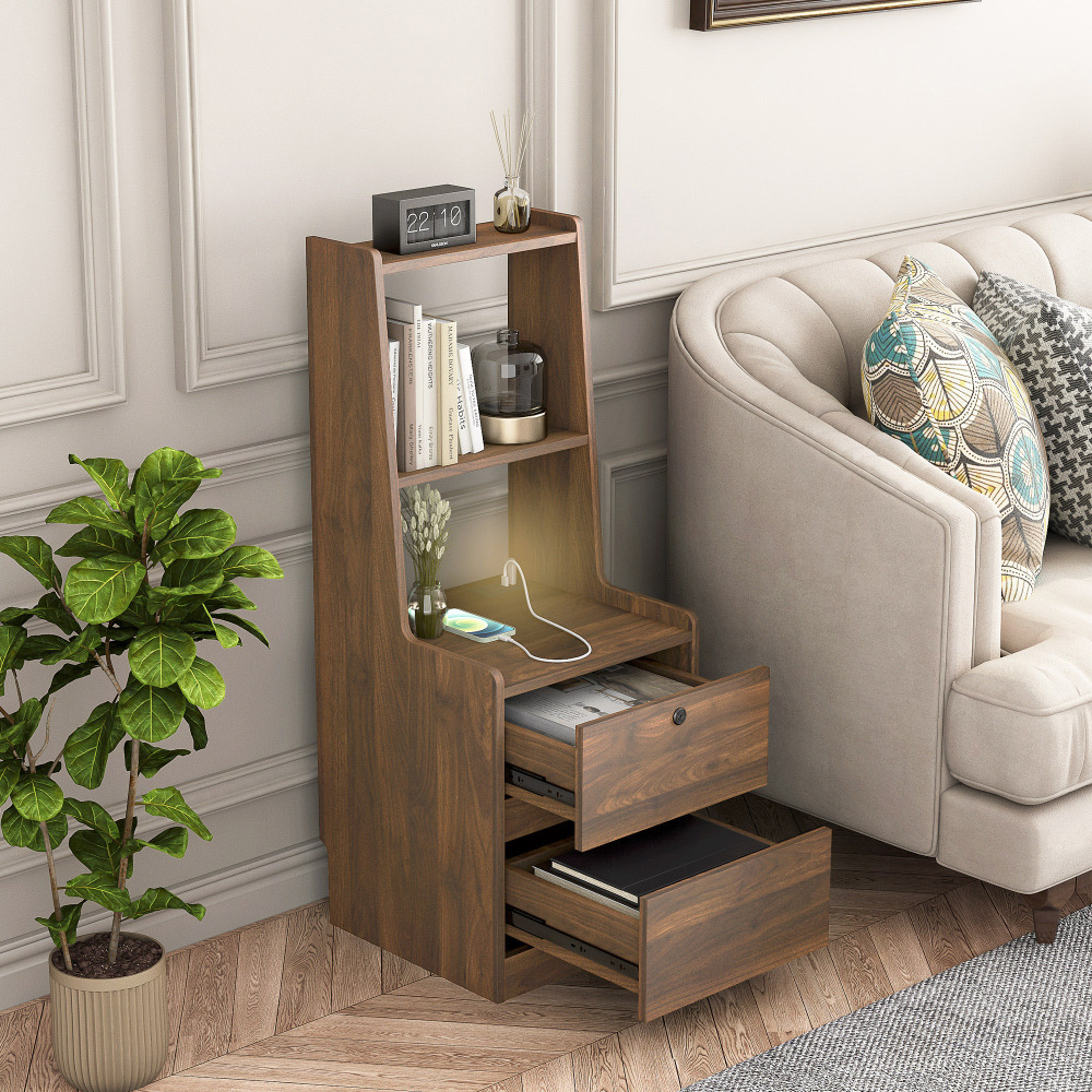 Nightstand with Charging Station, Smart Nightstand with Night Light, Modern Night Stand with Bookshelf, Bedside Tables with Storage Cabinet for Bedroom, Wood