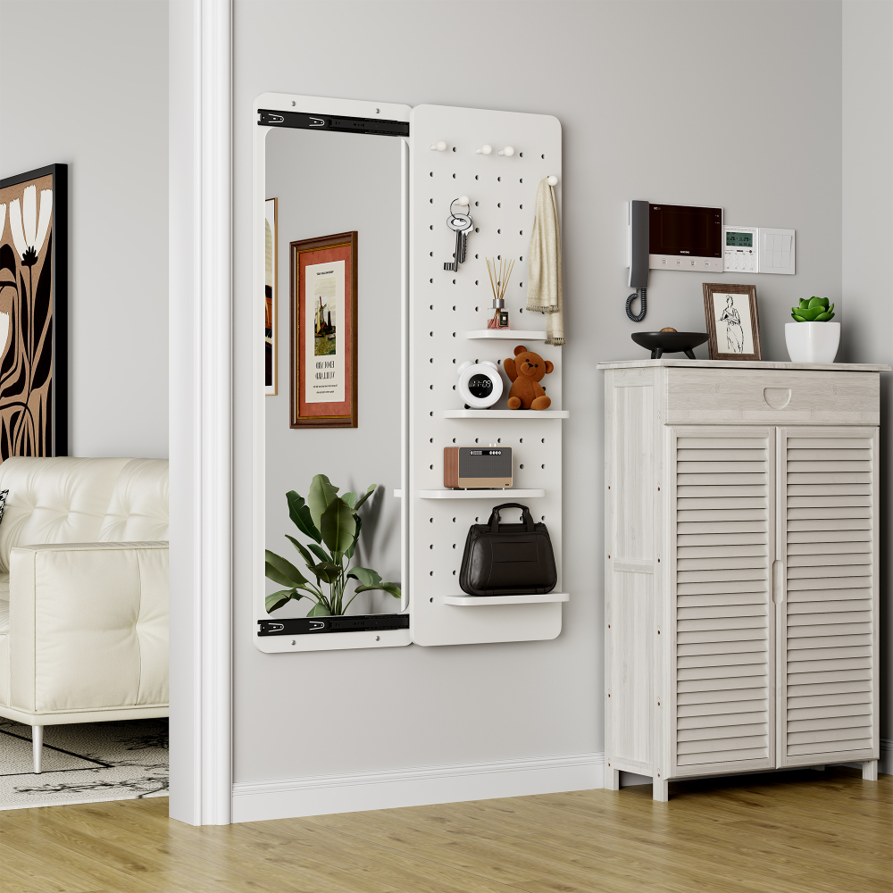Wall Mounted Full Length Mirror, Full Body Mirror with Shelf, Full Body Mirror with Hook Wall Mounted Mirror with Multifunctional Design Panel, Bedroom/Living Room/Entrance