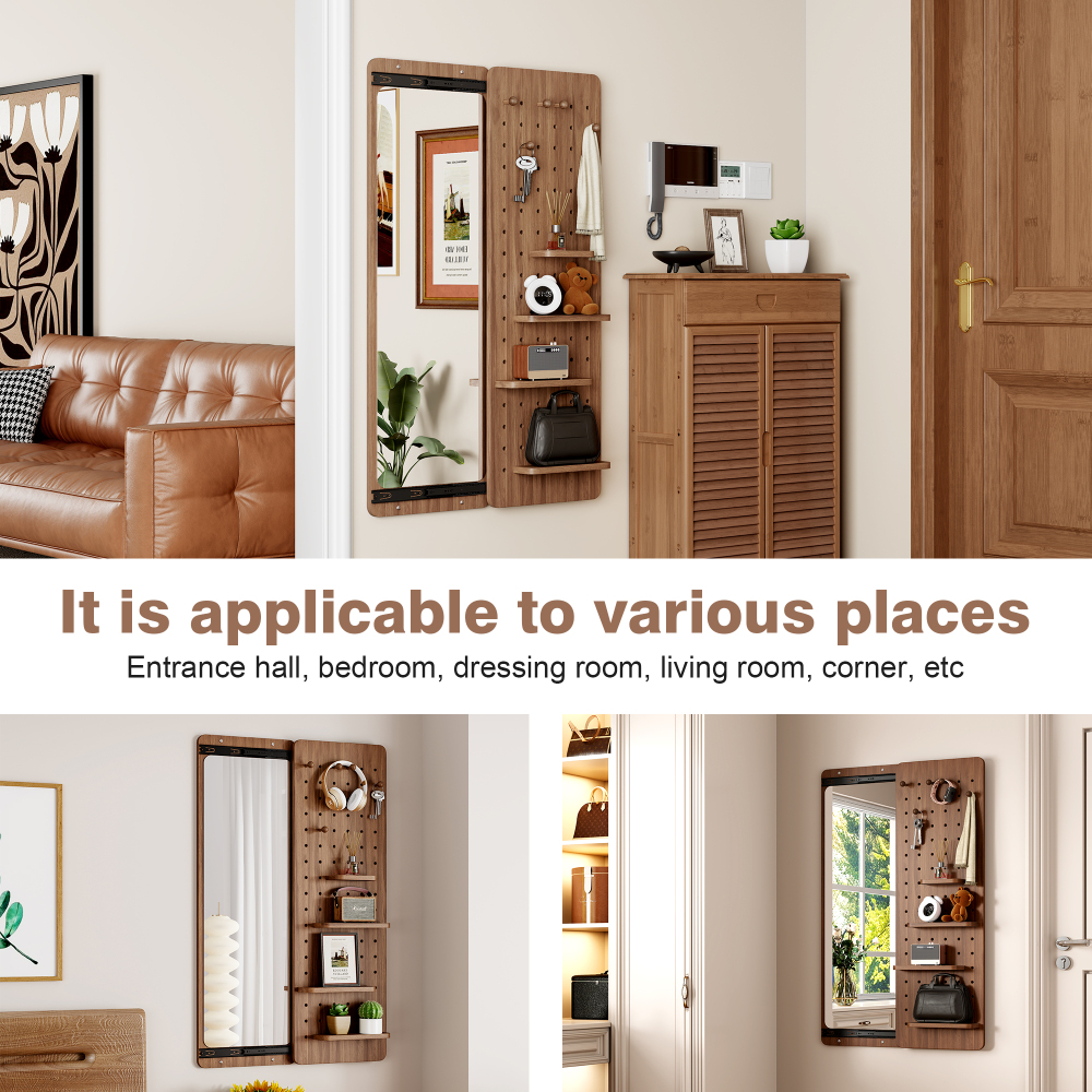 Wall Mounted Full Length Mirror, Full Body Mirror with Shelf, Full Body Mirror with Hook Wall Mounted Mirror with Multifunctional Design Panel, Bedroom/Living Room/Entrance